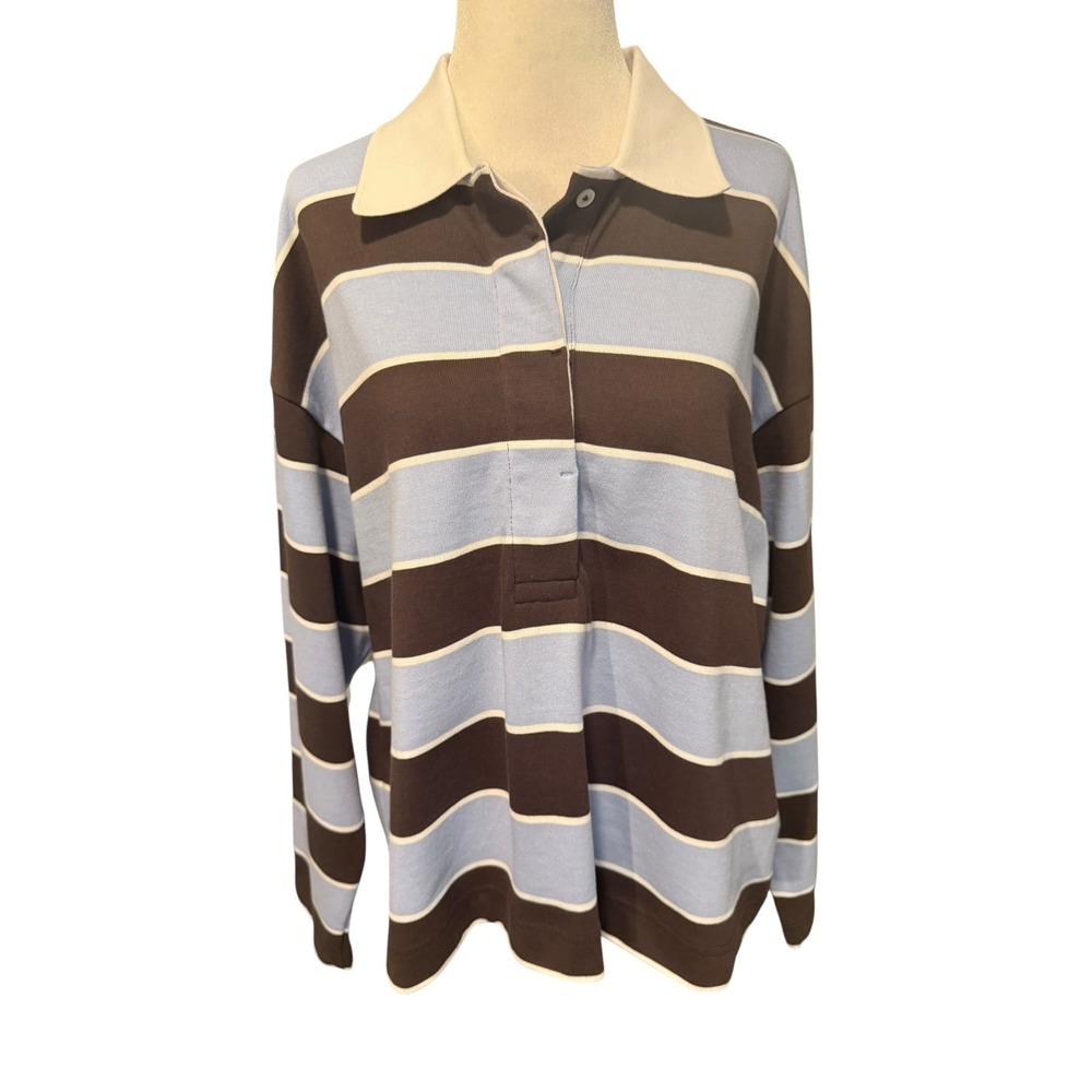 Madewell Striped Rugby Polo Shirt Tranquil Blue NZ386 Womens Medium NEW - Picture 2 of 8